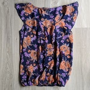 Floral Print Sheer Blouse With Ruffle